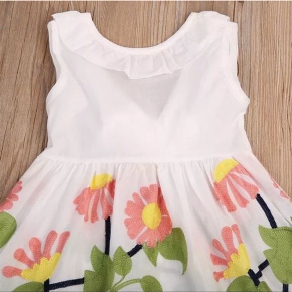 Cotton Dress With Embroidered Flowers Ruffle Collar Large Bow at Small of Back - Picture 5 of 8